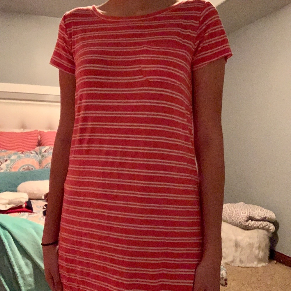 pink tshirt dress with white stripes